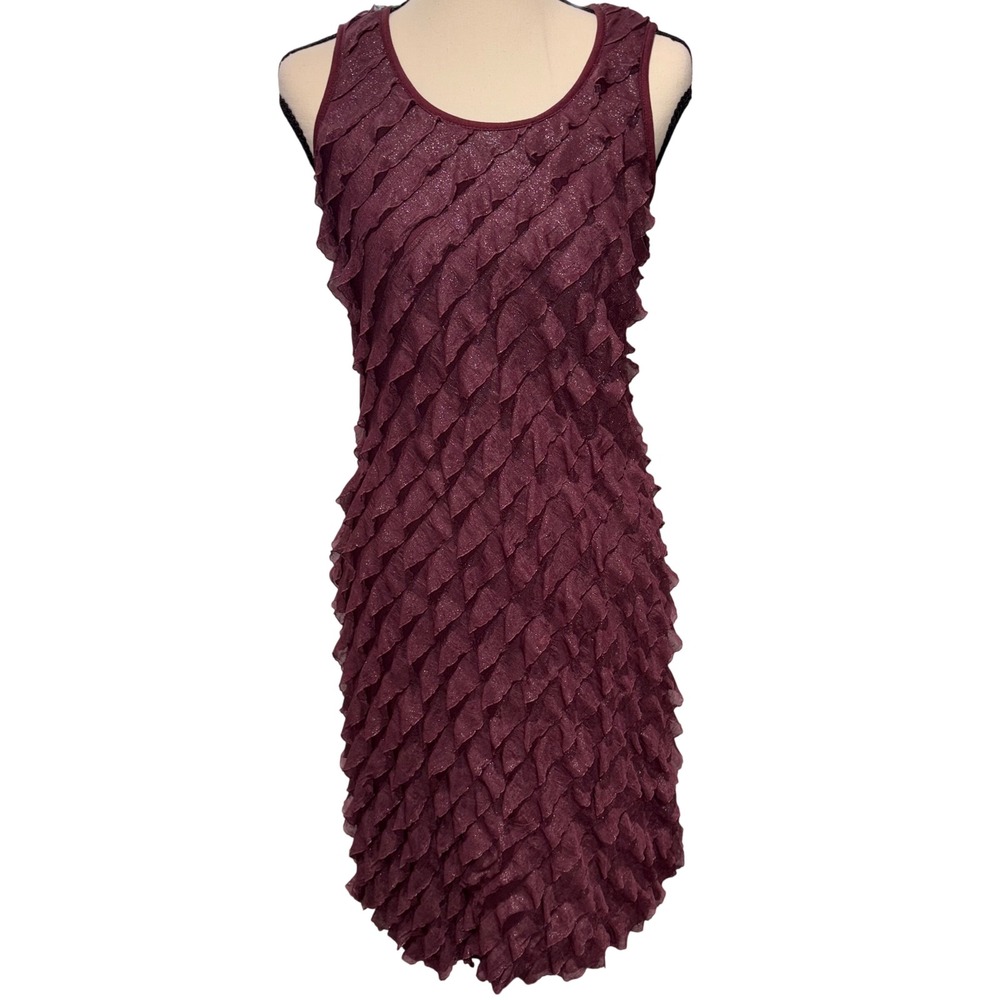 Shimmer Ruffle Tiered Cocktail Dress Womens Small Burgundy Connected Apparel